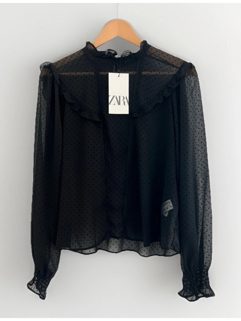 NEW ZARA Sheer Swiss Dot Ruffle Romantic Blouse Medium